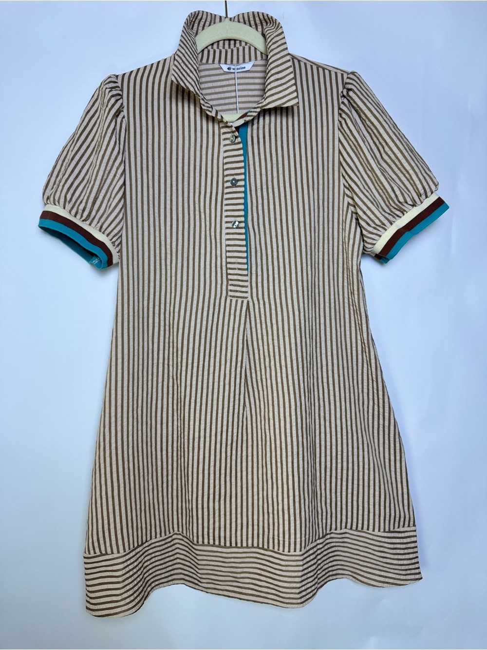 Wenrine Striped Seersucker Puff Sleeve Shirt Dress M NWT